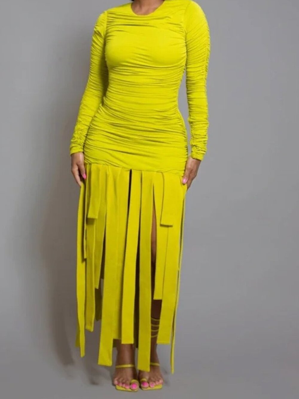 Neon Ruched Long Sleeve Stretch Bodycon Dress with Streamers - Picture 3 of 8